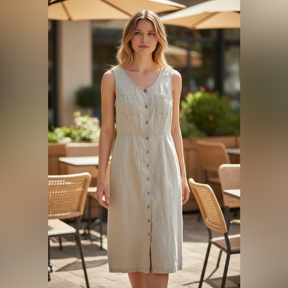 Vintage Sleeveless Button-Down Beige Dress